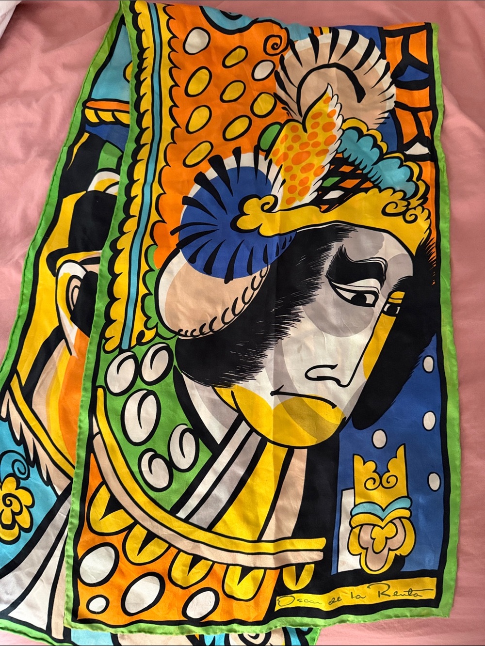 Oscar de la Renta Blue, Yellow and Green Graphic Silk Scarf